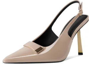 Women's Square Toe Slingback Pumps Stilettos High Heel Metal Buckle Shoes Evening 4 Inch Dress Shoes