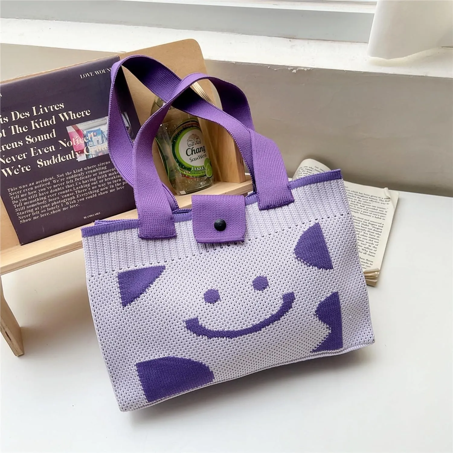 Women's Trendy Smile Face Knitted Handbag, Cute Fashion Woven Tote Bag, Female Spring & Summer Shopping Bag