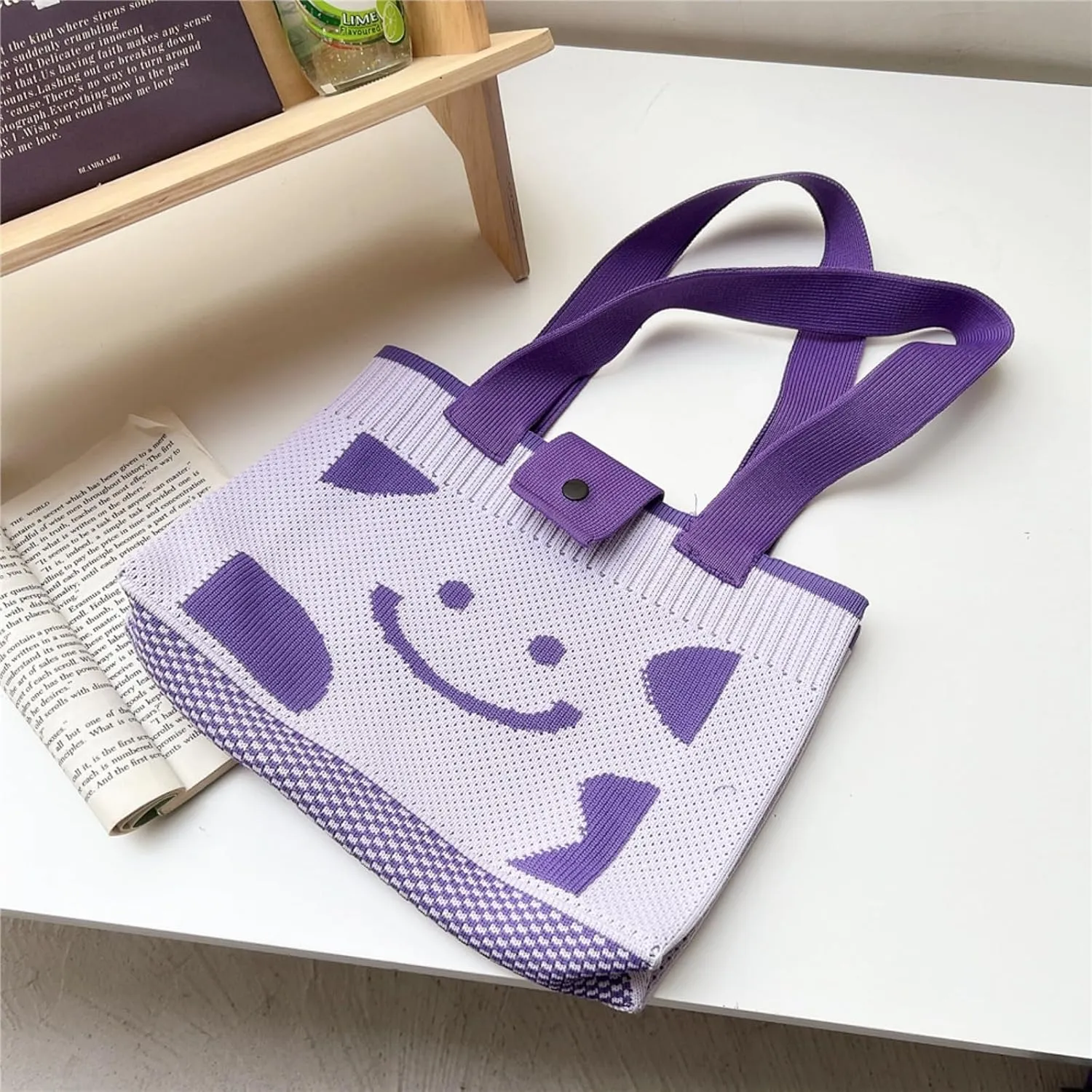 Women's Trendy Smile Face Knitted Handbag, Cute Fashion Woven Tote Bag, Female Spring & Summer Shopping Bag