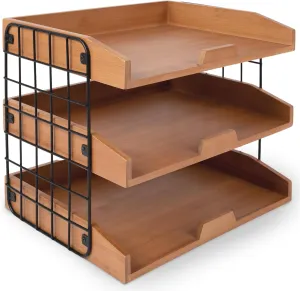Wood Inbox Tray - Sturdy 3 Tier Letter Tray Desk Organizer, 1/3" Thick Wooden Shelves Paper Tray With Metal Frame (Assembled, Golden)
