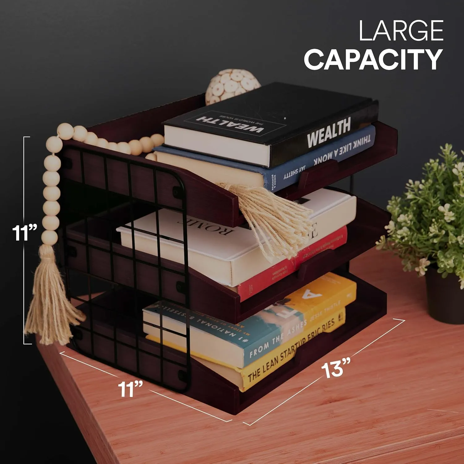 Wood Inbox Tray - Sturdy Letter Tray Desk Organizer, 3 Tier Wooden Paper Tray Organizer, 1/3" Thick Wooden Shelves Paper Organizer for Desk with Metal Frame (Unassembled, Walnut)