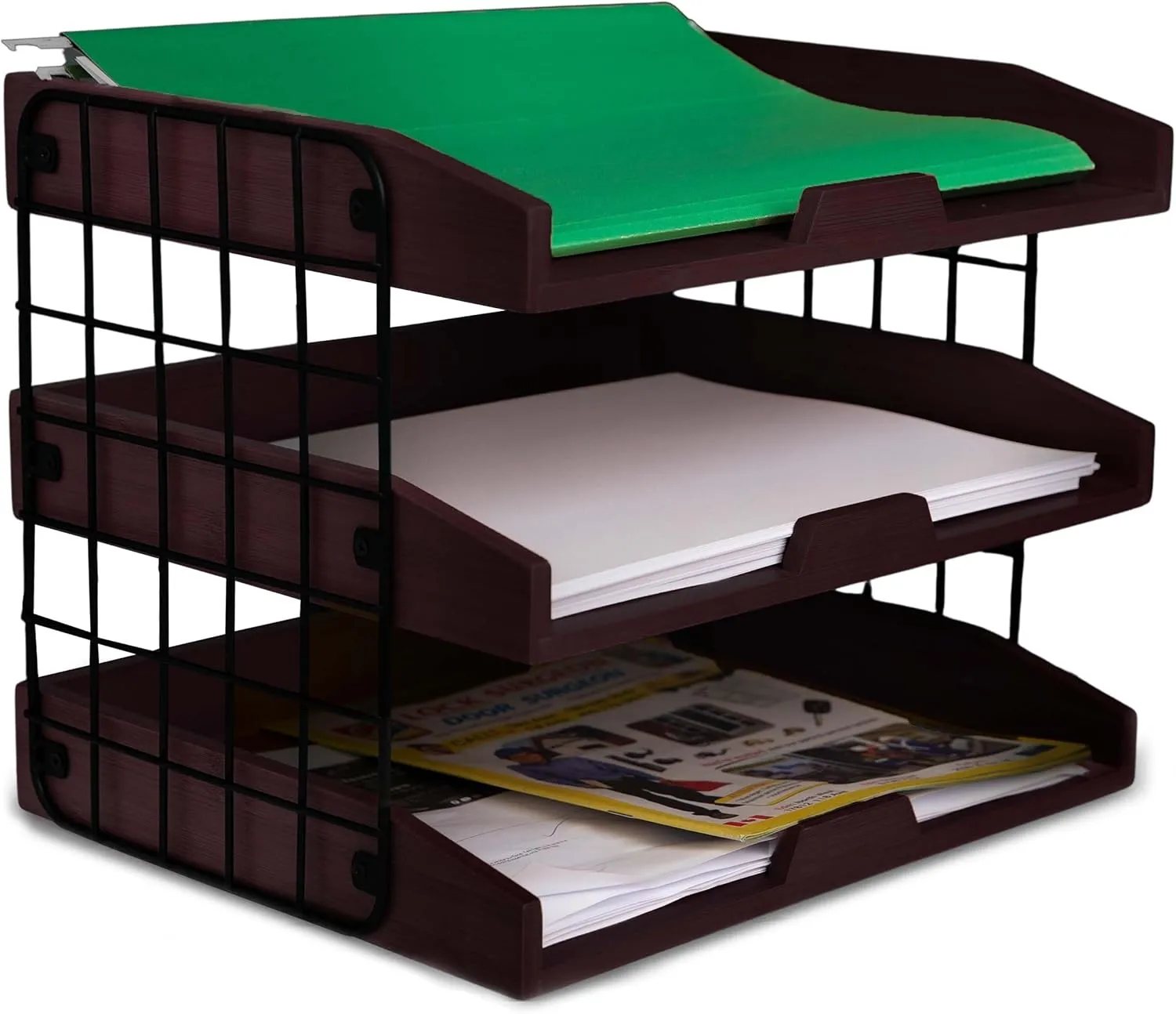 Wood Inbox Tray - Sturdy Letter Tray Desk Organizer, 3 Tier Wooden Paper Tray Organizer, 1/3" Thick Wooden Shelves Paper Organizer for Desk with Metal Frame (Unassembled, Walnut)