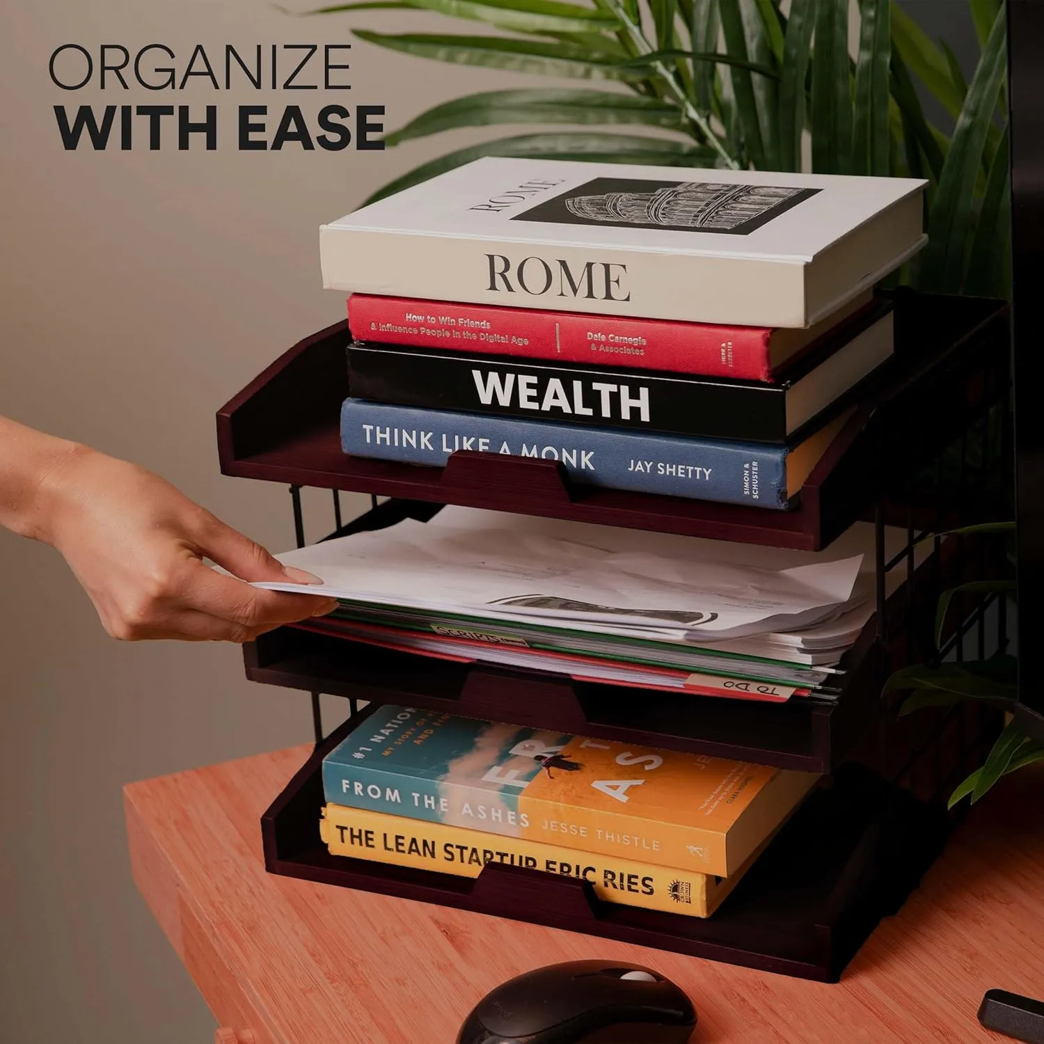Wood Inbox Tray - Sturdy Letter Tray Desk Organizer, 3 Tier Wooden Paper Tray Organizer, 1/3" Thick Wooden Shelves Paper Organizer for Desk with Metal Frame (Unassembled, Walnut)