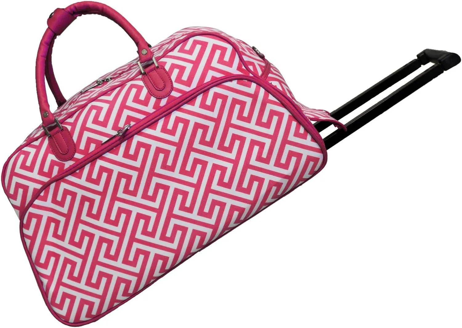 World Traveler 21-Inch Carry-On Rolling Duffel Bag, Fuchsia White Greek Key