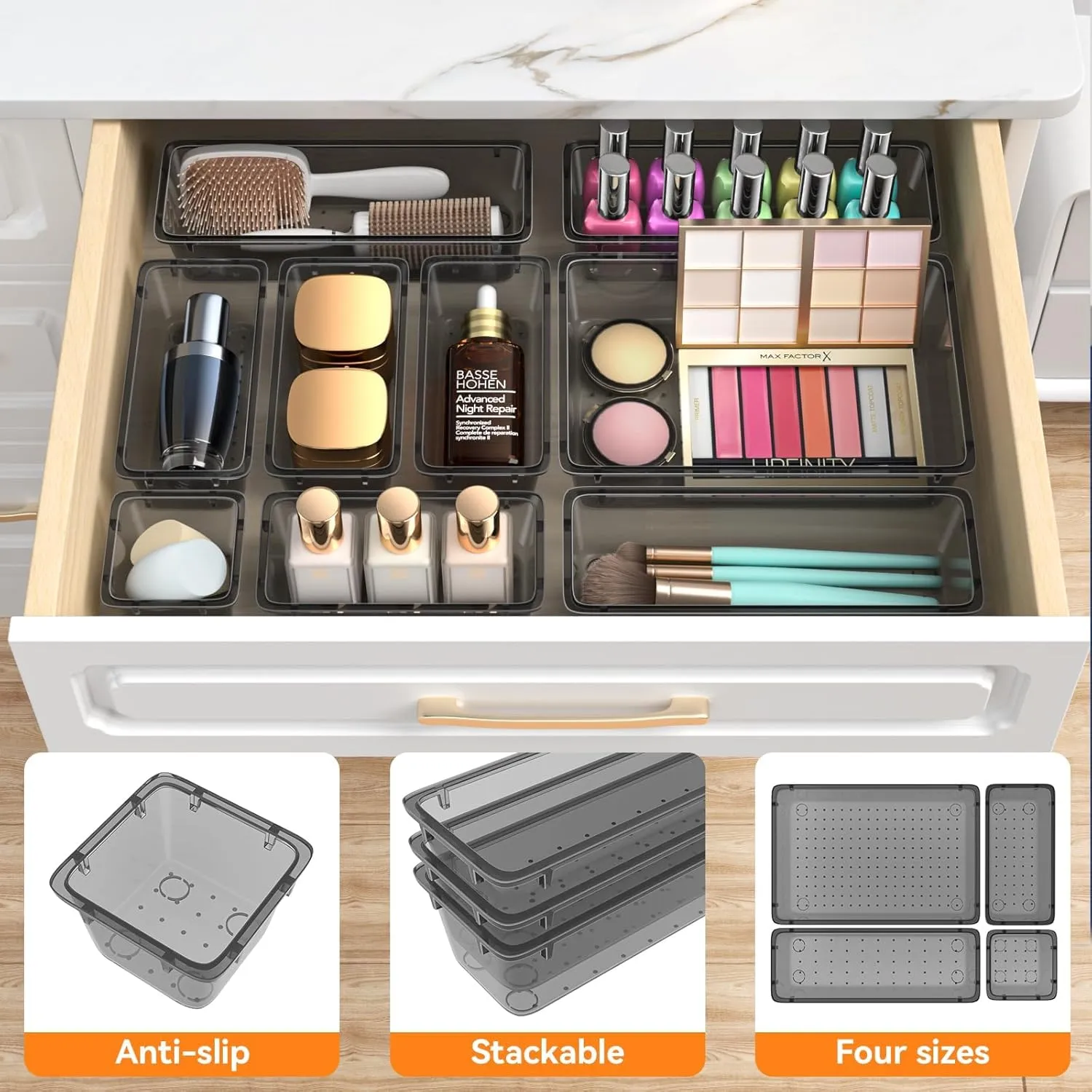 WOWBOX 44 PCS Clear Plastic Drawer Organizer Set, 4 Varied Size storage Bins and Desk Drawer Organizer Trays for Makeup, Gadgets, Jewelry and Utensils in Bathroom, Bedroom and Office, Clear Black