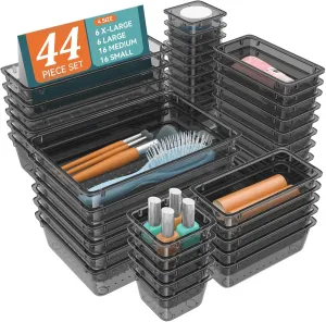 WOWBOX 44 PCS Clear Plastic Drawer Organizer Set, 4 Varied Size storage Bins and Desk Drawer Organizer Trays for Makeup, Gadgets, Jewelry and Utensils in Bathroom, Bedroom and Office, Clear Black