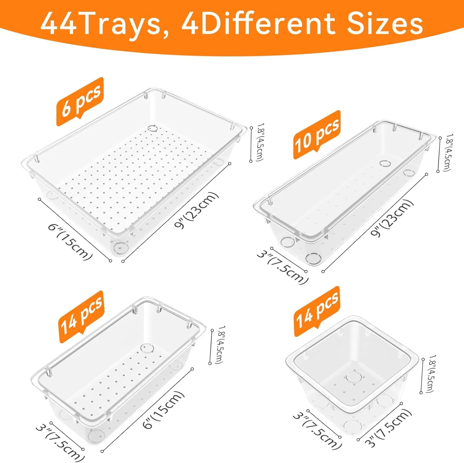WOWBOX 44 PCS Clear Plastic Drawer Organizer Set, 5 Varied Size storage Bins and Desk Drawer Organizer Trays for Makeup, Gadgets, Jewelry and Utensils in Bathroom, Bedroom and Office, Clear