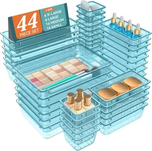 WOWBOX 44 PCS Clear Plastic Drawer Organizer Set, 6 Varied Size storage Bins and Desk Drawer Organizer Trays for Makeup, Gadgets, Jewelry and Utensils in Bathroom, Bedroom and Office, Clear Sea Blue