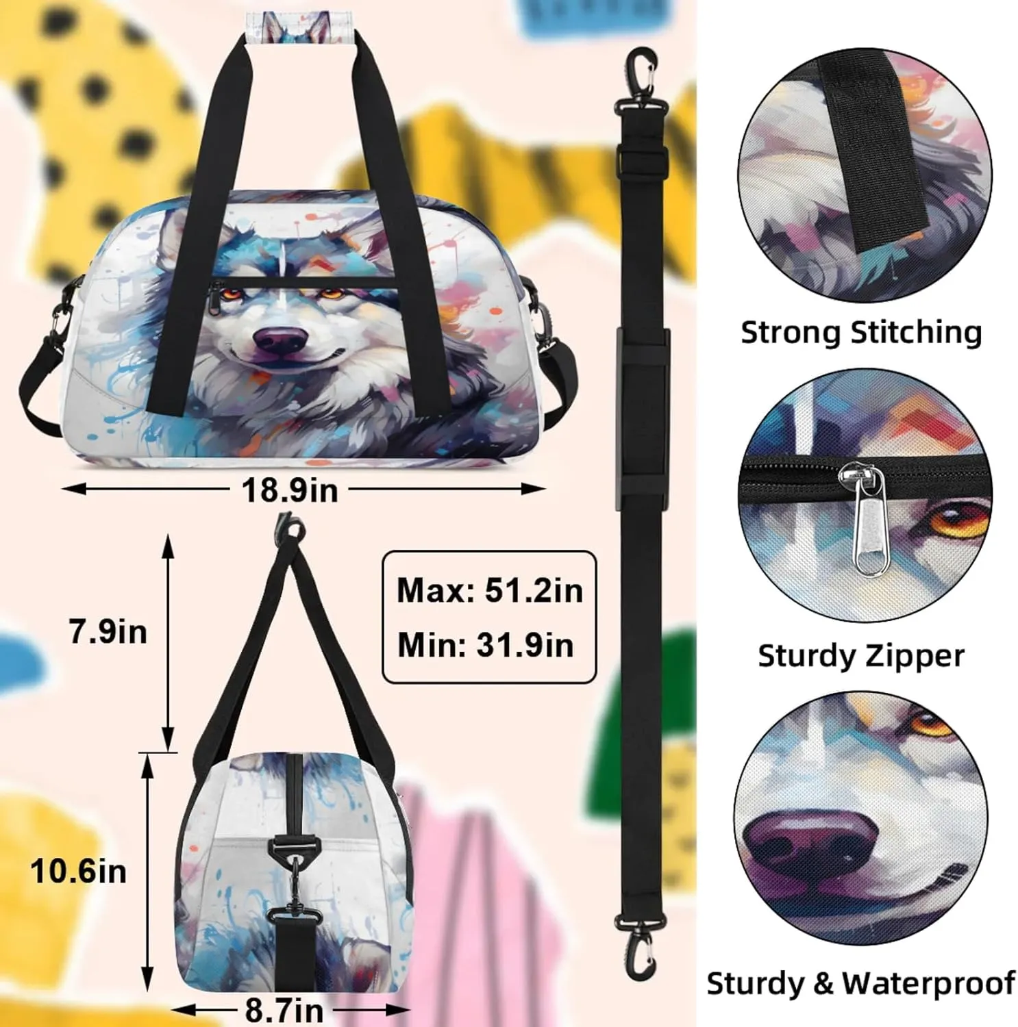 Wtaercolor Husky Dog Small Gym Bag 18 inch Carry On Duffel Bag for Weekender Travel Sports Workout Yoga Gymnastics Dance Ballet