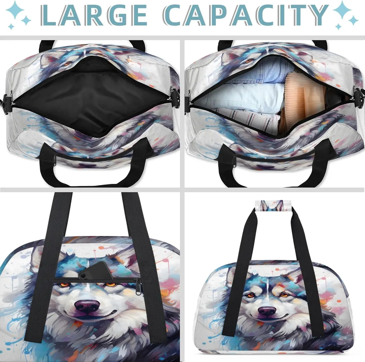 Wtaercolor Husky Dog Small Gym Bag 18 inch Carry On Duffel Bag for Weekender Travel Sports Workout Yoga Gymnastics Dance Ballet