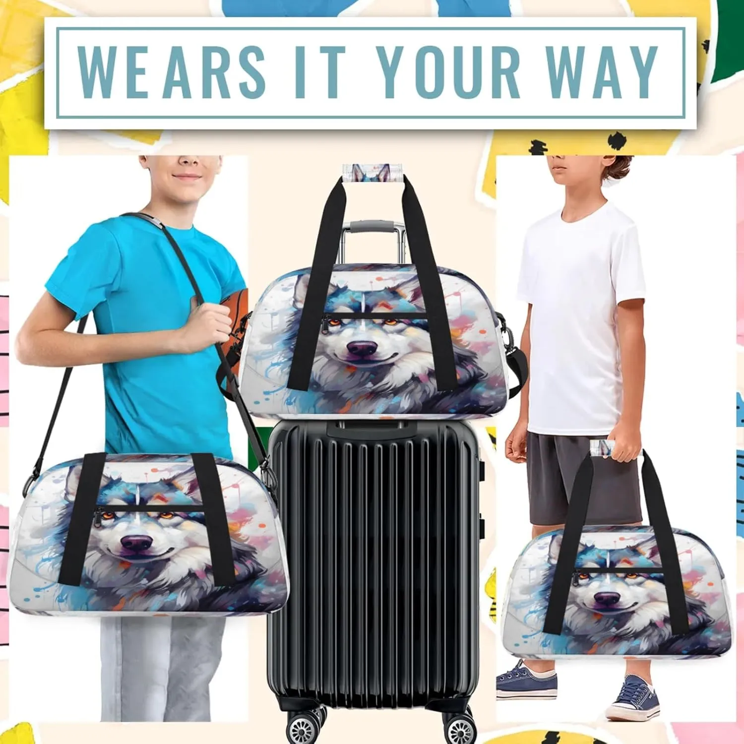 Wtaercolor Husky Dog Small Gym Bag 18 inch Carry On Duffel Bag for Weekender Travel Sports Workout Yoga Gymnastics Dance Ballet
