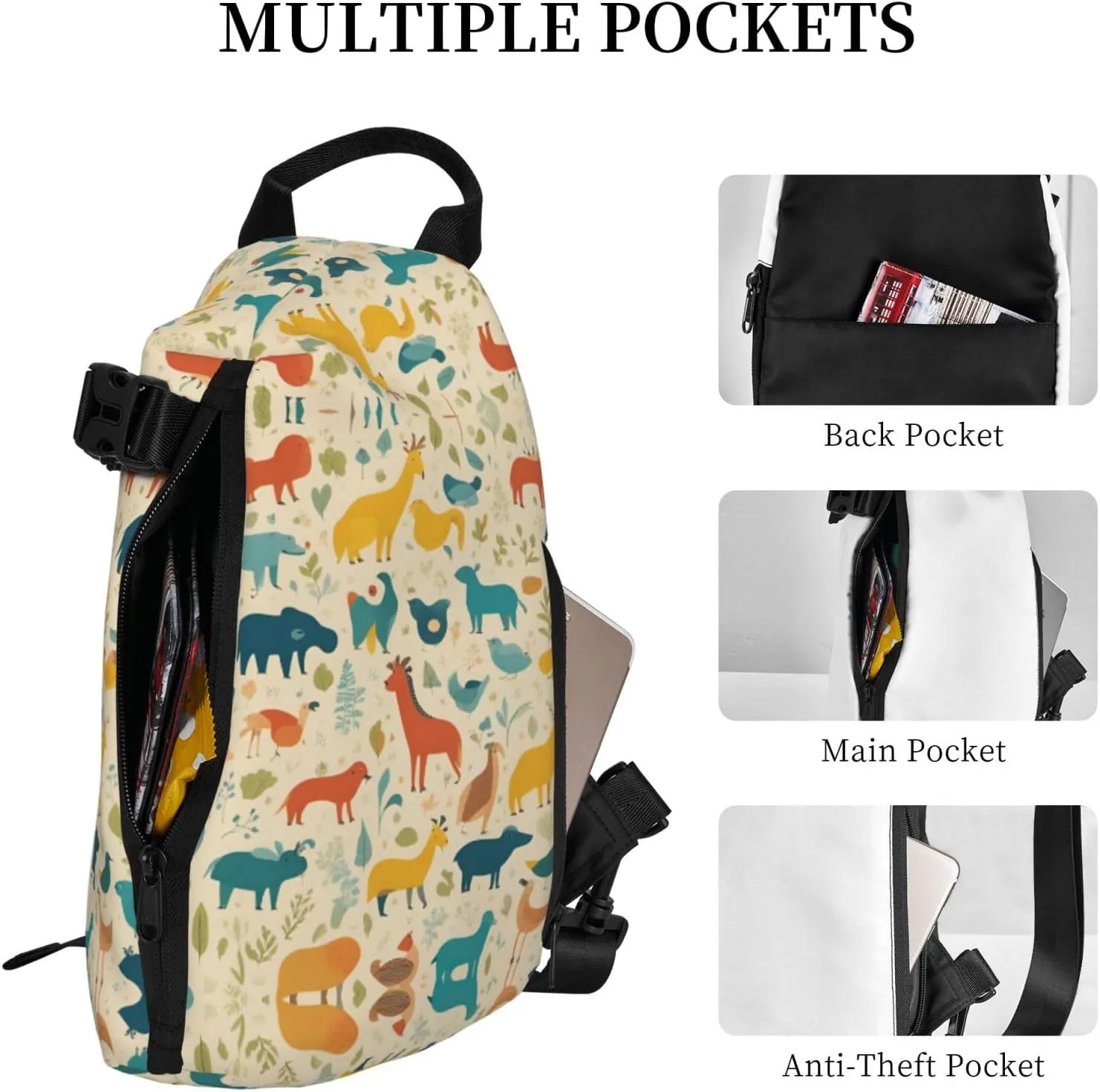 WURTON Black And Gold Flowers Print Lightweight Adjustable Crossbody Backpack Daypack For Men,Women Sling Bag