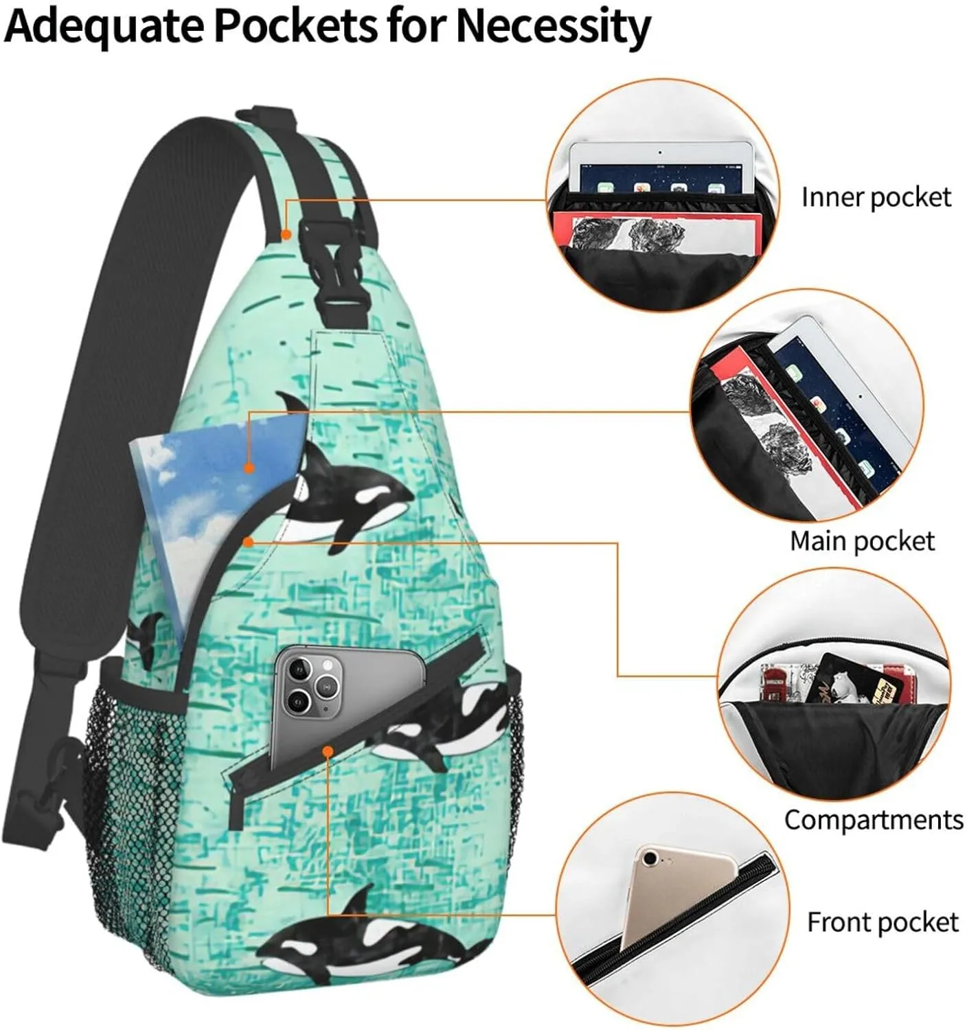 WURTON Black Marble Texture Gold Print Crossbody Sling Backpack Sling Bag Travel Hiking Chest Bag Daypack