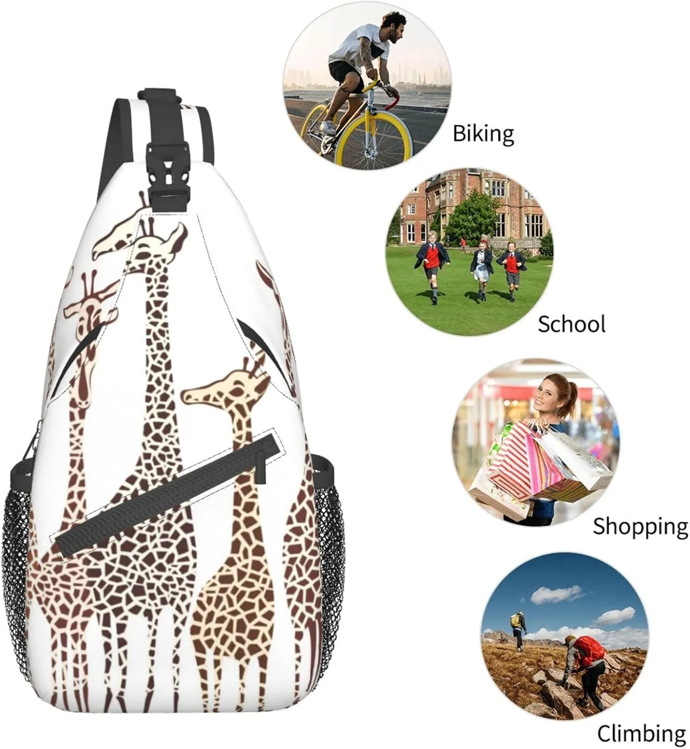 WURTON Cute Wild Cartoon Giraffes Print Crossbody Backpack Shoulder Bag Cross Chest Bag For Travel, Hiking Gym Tactical Use, MC700