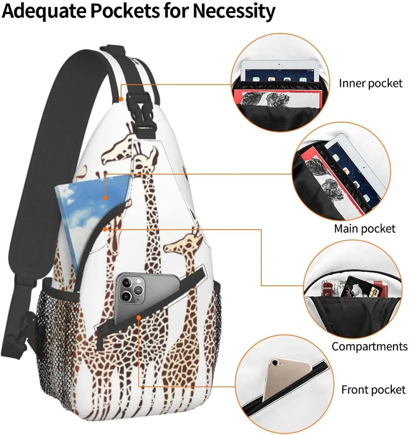 WURTON Cute Wild Cartoon Giraffes Print Crossbody Backpack Shoulder Bag Cross Chest Bag For Travel, Hiking Gym Tactical Use, MC700