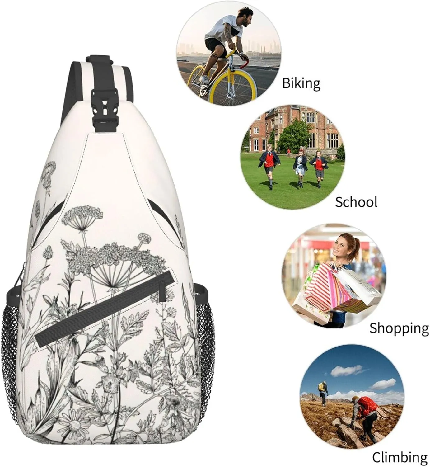 WURTON Flower Hummingbirds Embroidery Print Crossbody Sling Backpack Sling Bag Travel Hiking Chest Bag Daypack