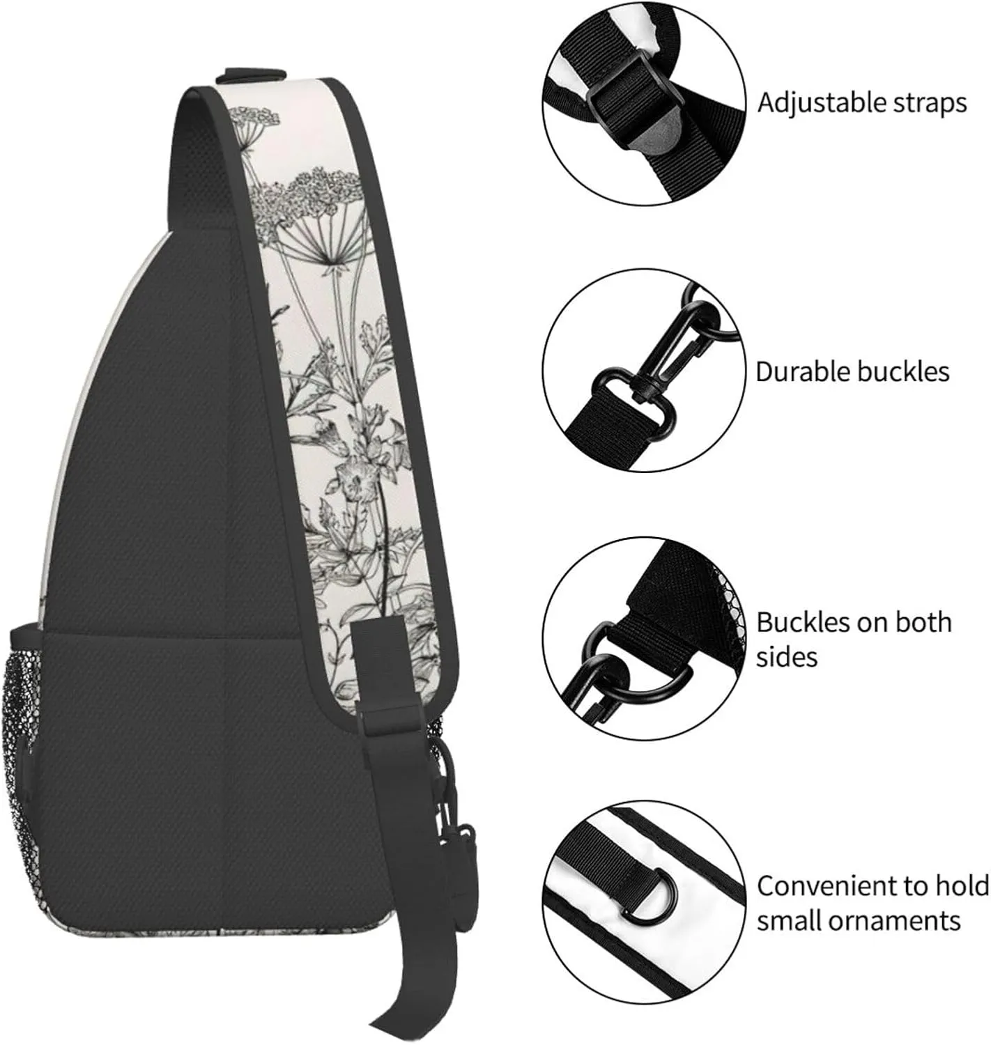 WURTON Flower Hummingbirds Embroidery Print Crossbody Sling Backpack Sling Bag Travel Hiking Chest Bag Daypack