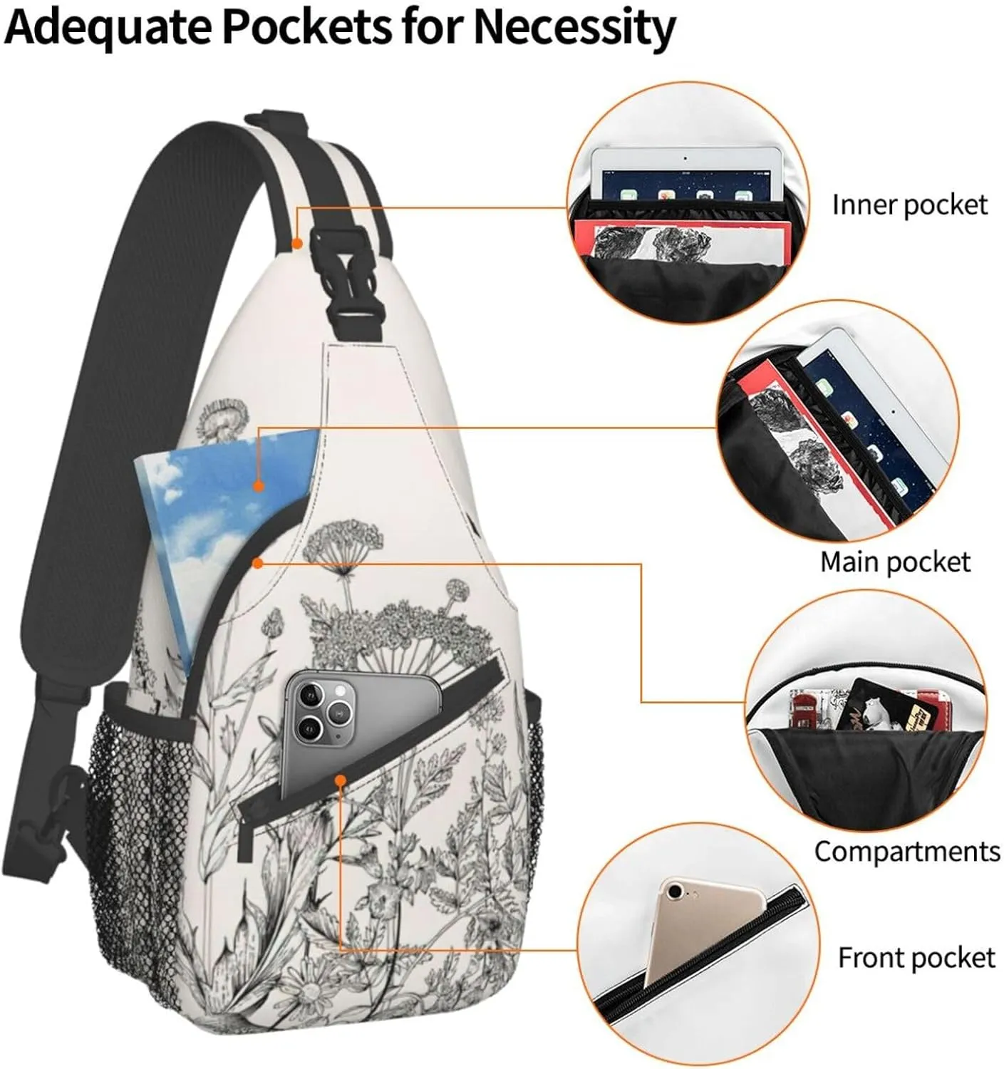 WURTON Flower Hummingbirds Embroidery Print Crossbody Sling Backpack Sling Bag Travel Hiking Chest Bag Daypack