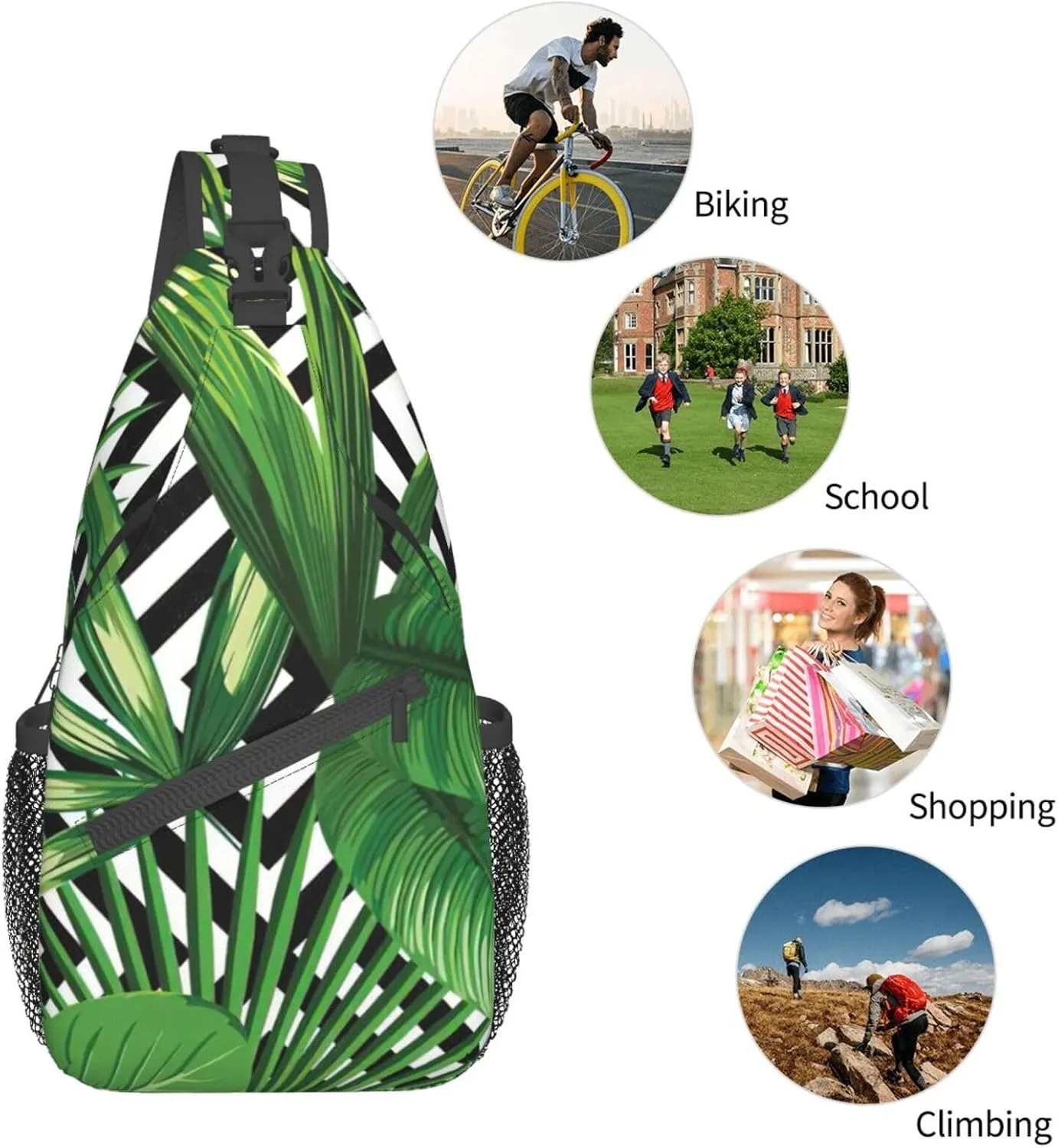 WURTON Tropical Leaves Print Crossbody Sling Backpack Sling Bag Travel Hiking Chest Bag Daypack