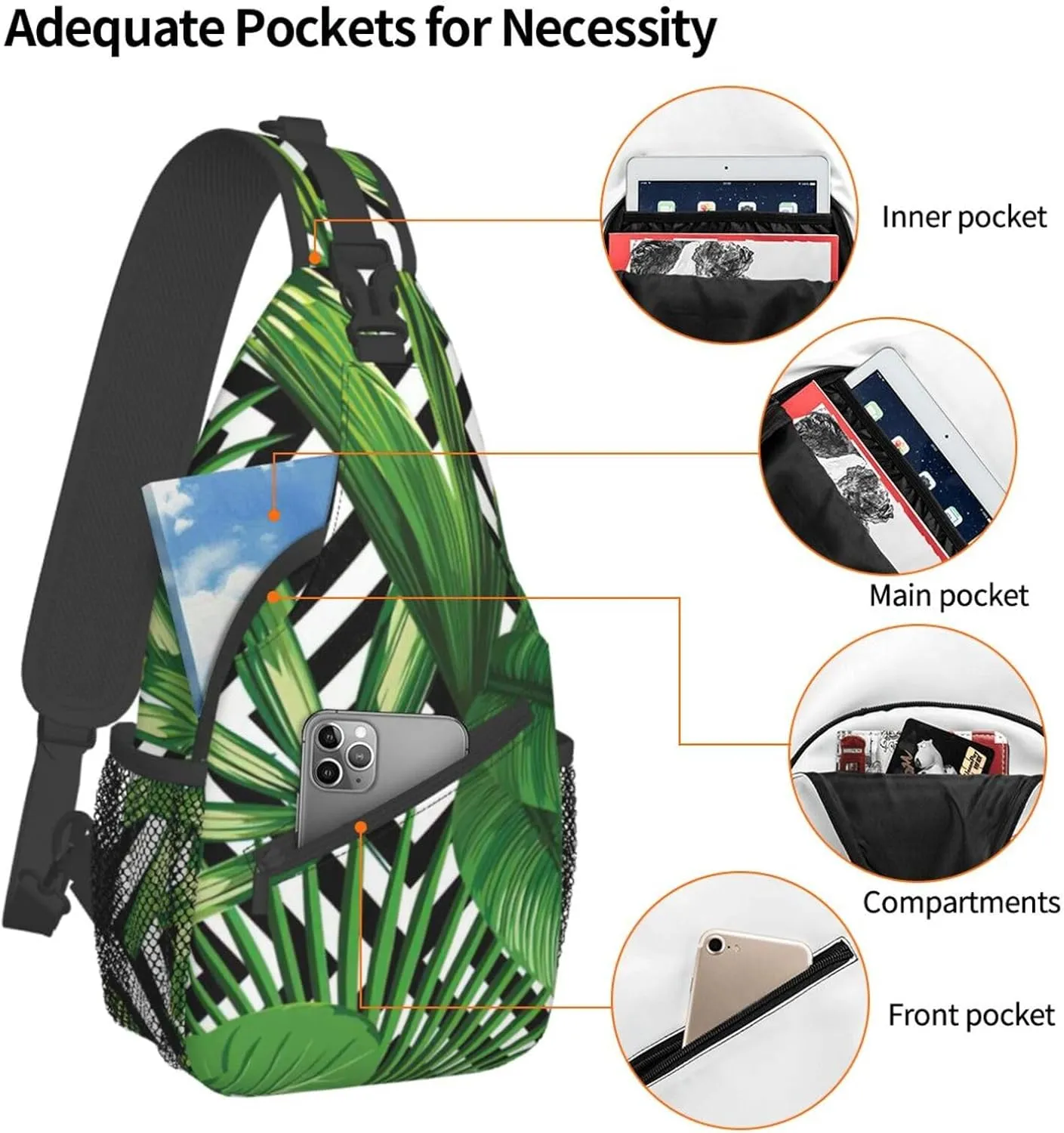 WURTON Tropical Leaves Print Crossbody Sling Backpack Sling Bag Travel Hiking Chest Bag Daypack