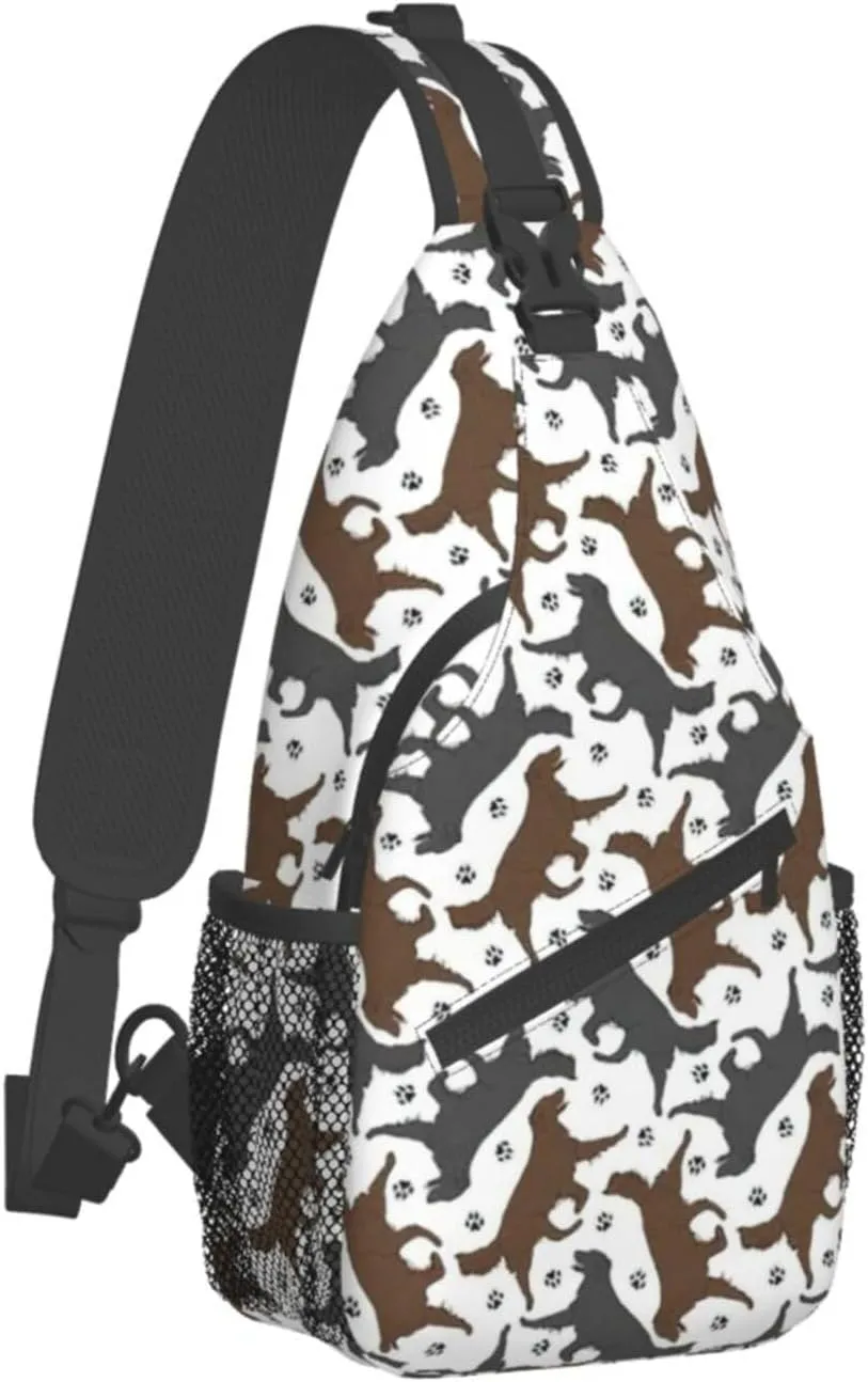 WURTON Trotting Flat Coated Retrievers Paw Print Crossbody Sling Backpack Sling Bag Travel Hiking Chest Bag Daypack