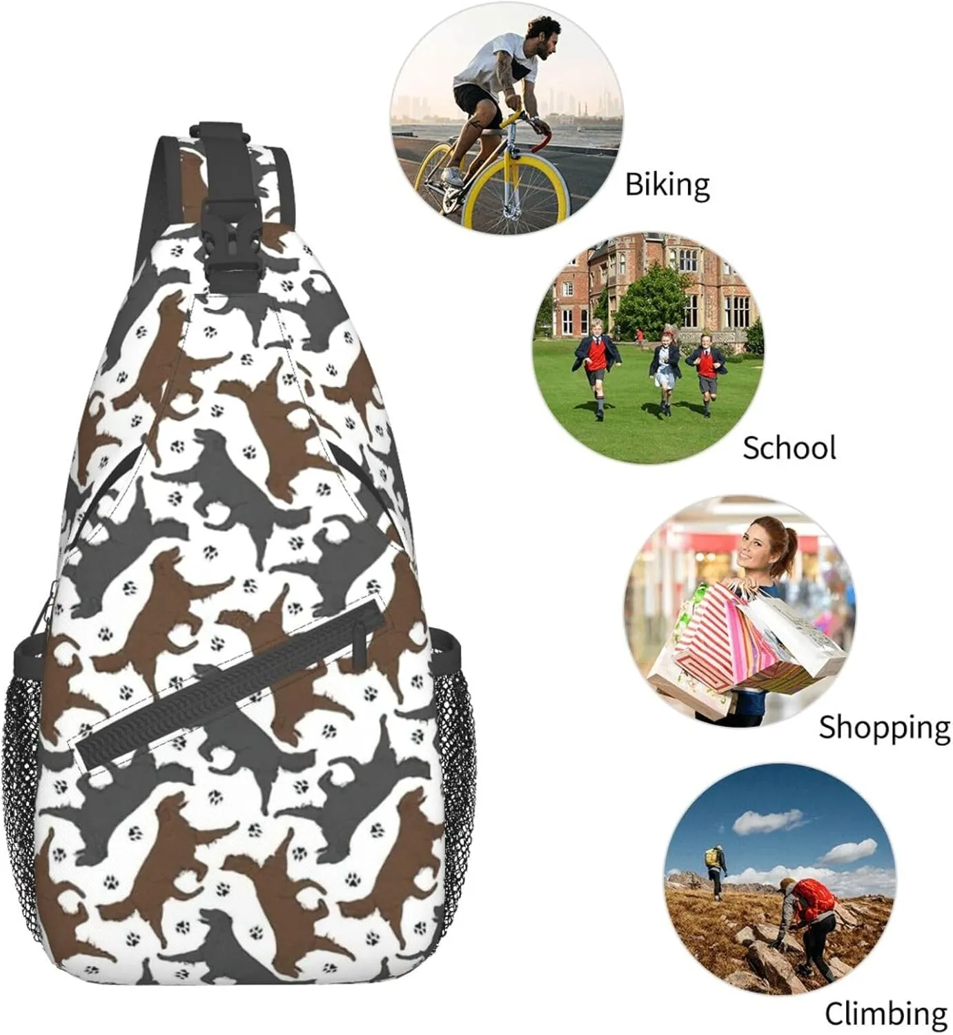 WURTON Trotting Flat Coated Retrievers Paw Print Crossbody Sling Backpack Sling Bag Travel Hiking Chest Bag Daypack