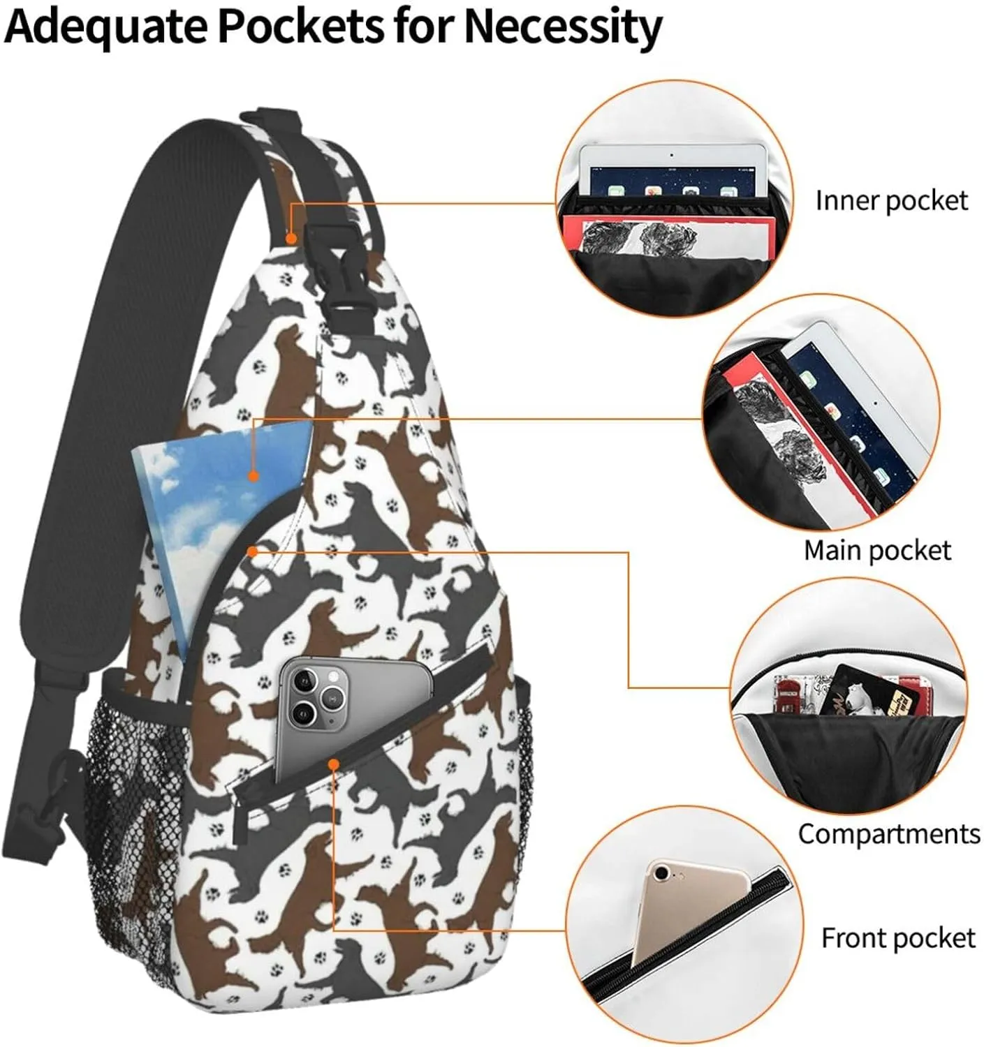 WURTON Trotting Flat Coated Retrievers Paw Print Crossbody Sling Backpack Sling Bag Travel Hiking Chest Bag Daypack