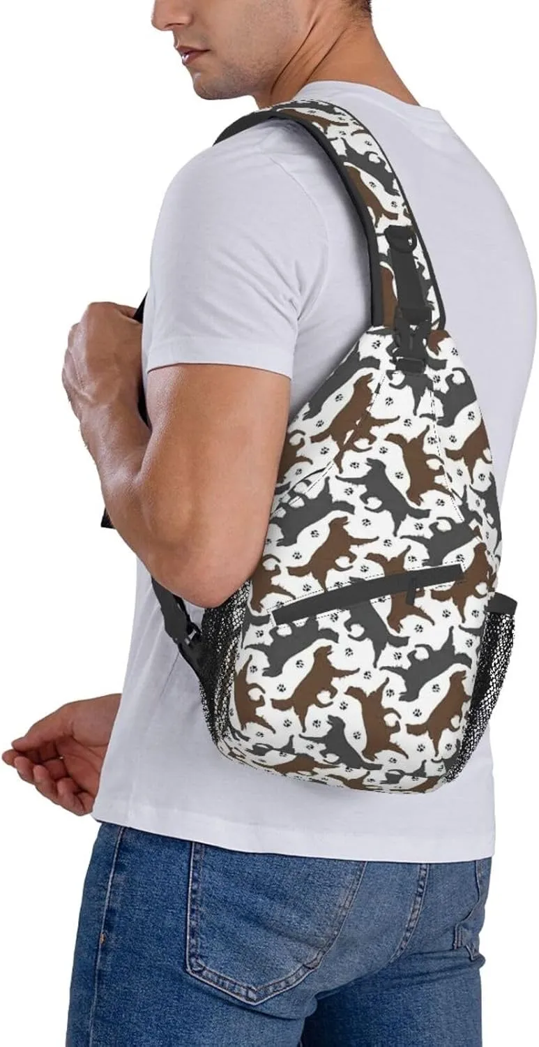 WURTON Trotting Flat Coated Retrievers Paw Print Crossbody Sling Backpack Sling Bag Travel Hiking Chest Bag Daypack