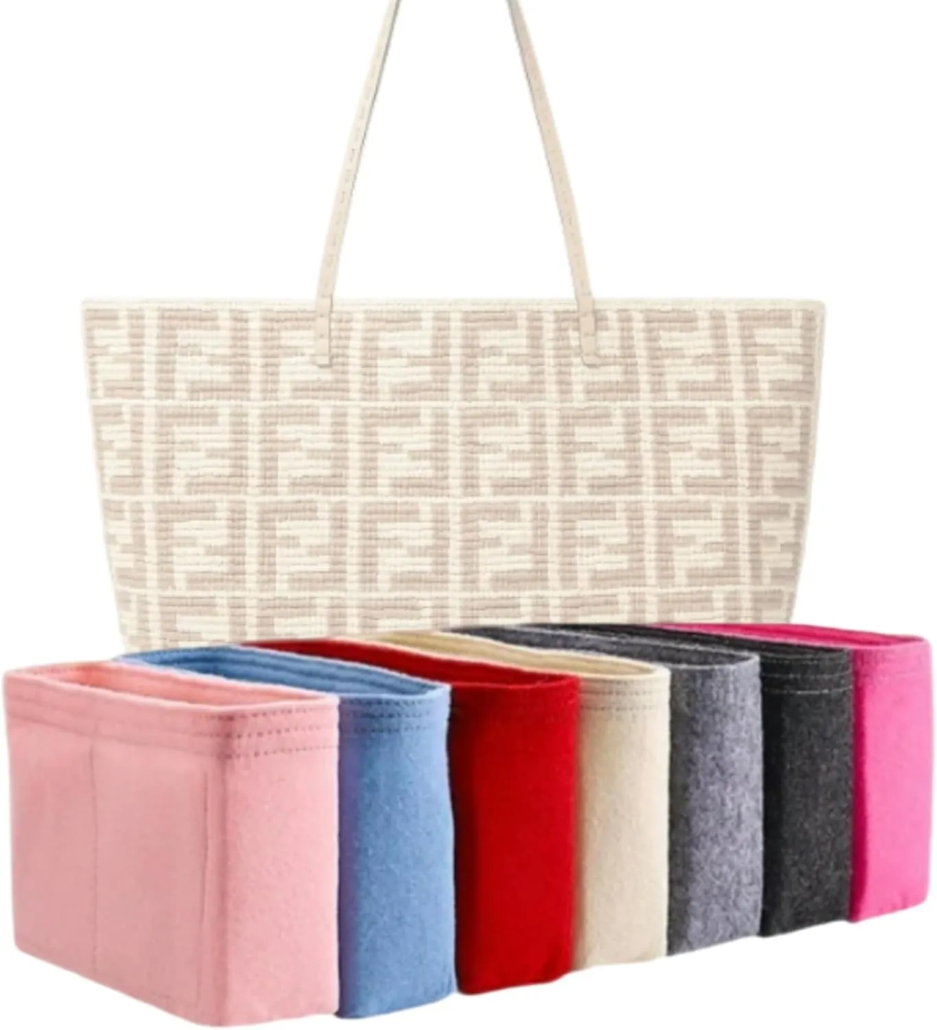 Xoppia Bag Organizer compatible with Fendi Large Roll FF raffia Shopper Bag. Felt Insert Liner for Women Tote Handbag. (Brown, Style B)