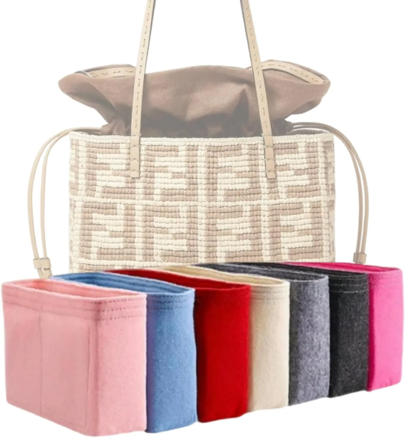 Xoppia Bag Organizer compatible with Fendi Small Roll FF raffia Shopper Bag. Felt Insert Liner for Women Tote Handbag. (Brown, Style A: Exposure)