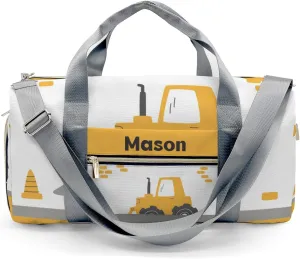 Yellow Construction Truck Personalized Duffel Bag,Custom Travel Gym Bag with Name,Waterproof Sports Overnight Bag with Shoe Compartment & Shoulder Strap