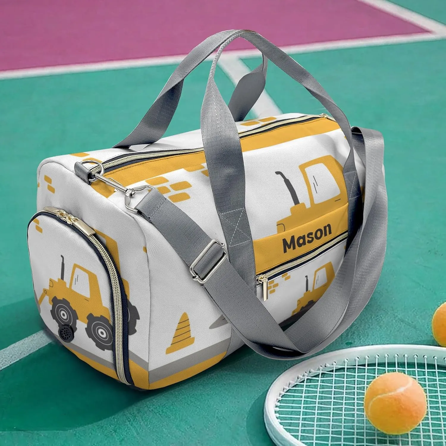 Yellow Construction Truck Personalized Duffel Bag,Custom Travel Gym Bag with Name,Waterproof Sports Overnight Bag with Shoe Compartment & Shoulder Strap