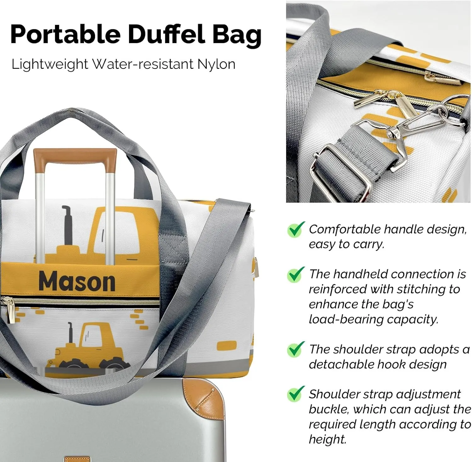 Yellow Construction Truck Personalized Duffel Bag,Custom Travel Gym Bag with Name,Waterproof Sports Overnight Bag with Shoe Compartment & Shoulder Strap