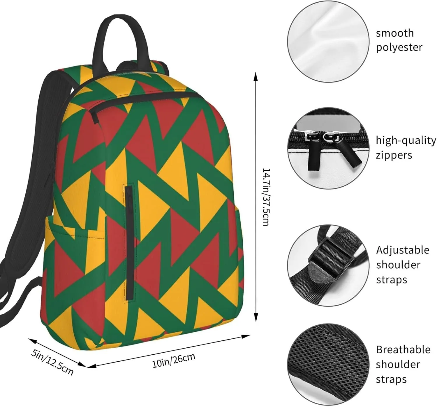 Yellow Green Red Lithuania Zigzag Flag Casual Backpacks Large Capacity Laptop Backpack Sports Fitness Rucksack Travel Carry-On Daypack Work Bag for Outdoor Camping