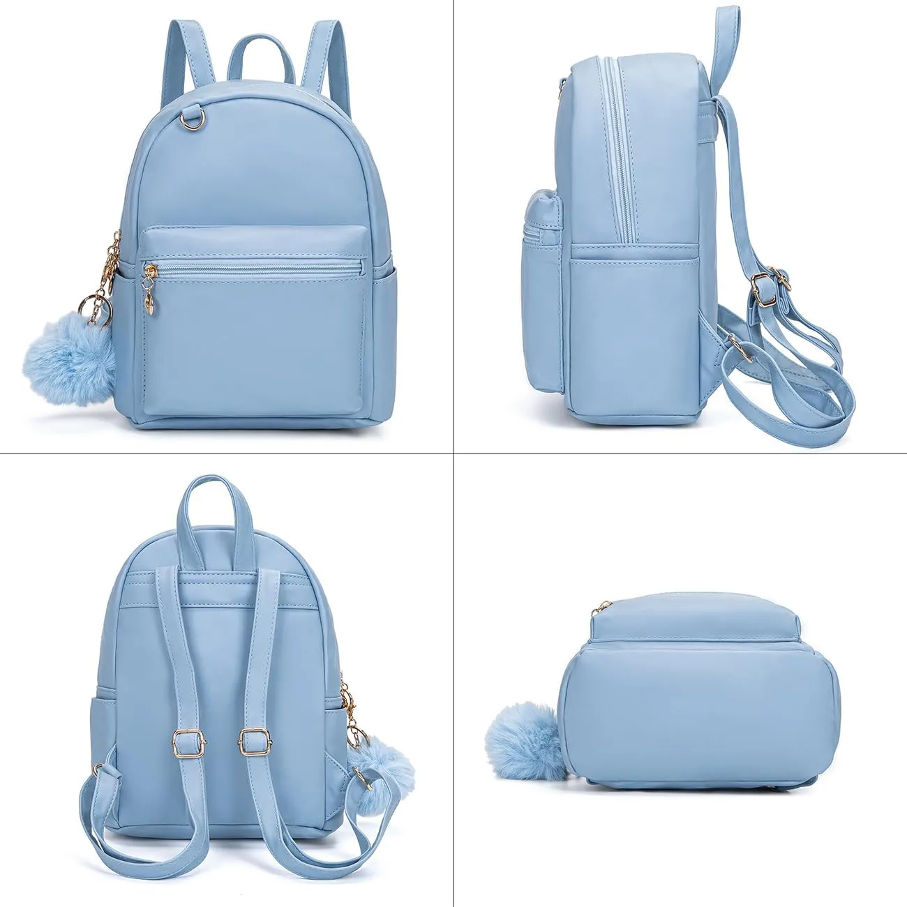 YiXiamo Cute 10 inch mini pu backpack with hooks and fluffy ball for teenage girl children and adult (blue)