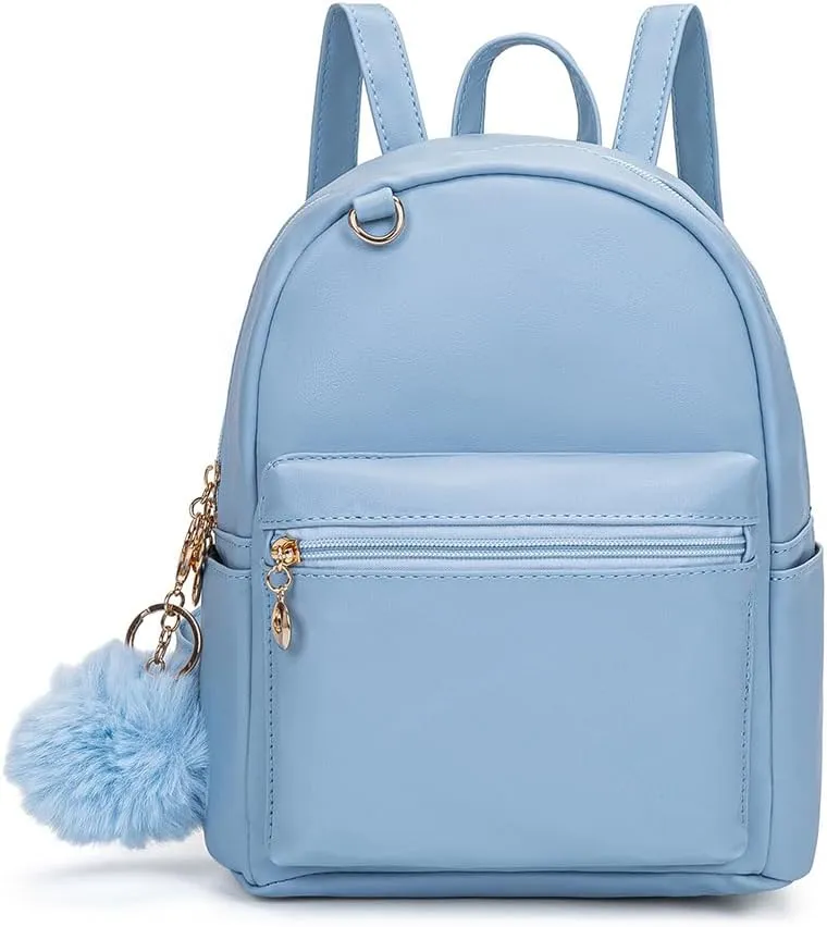 YiXiamo Cute 10 inch mini pu backpack with hooks and fluffy ball for teenage girl children and adult (blue)