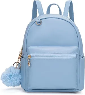 YiXiamo Cute 10 inch mini pu backpack with hooks and fluffy ball for teenage girl children and adult (blue)