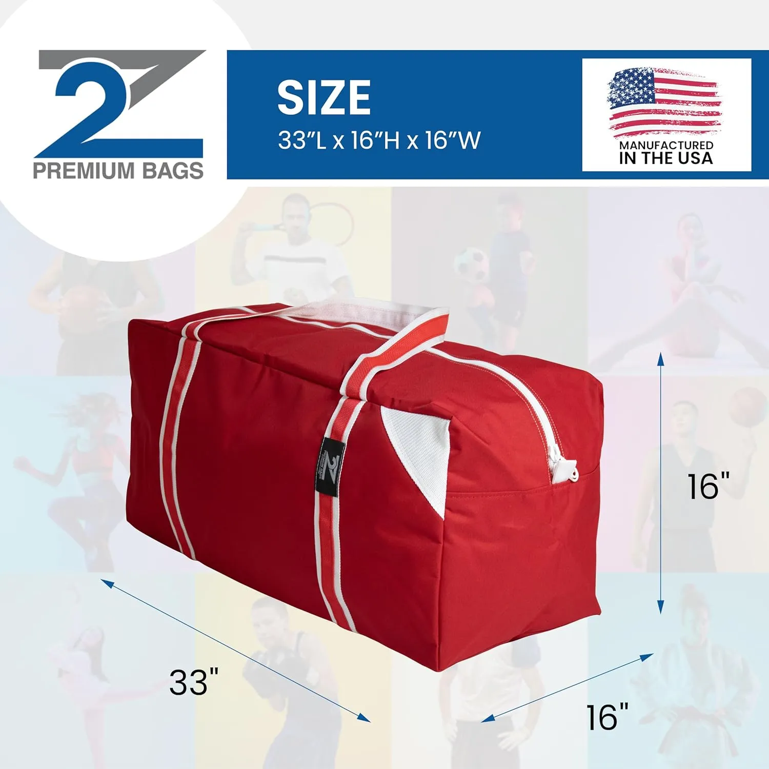 Z2 Sports Bag for Hockey, Football, Soccer, Baseball, Softball, Basketball, for Men and Women, Premium Nylon, Water Resistant, 33”L x 16”H x 16”W, Red