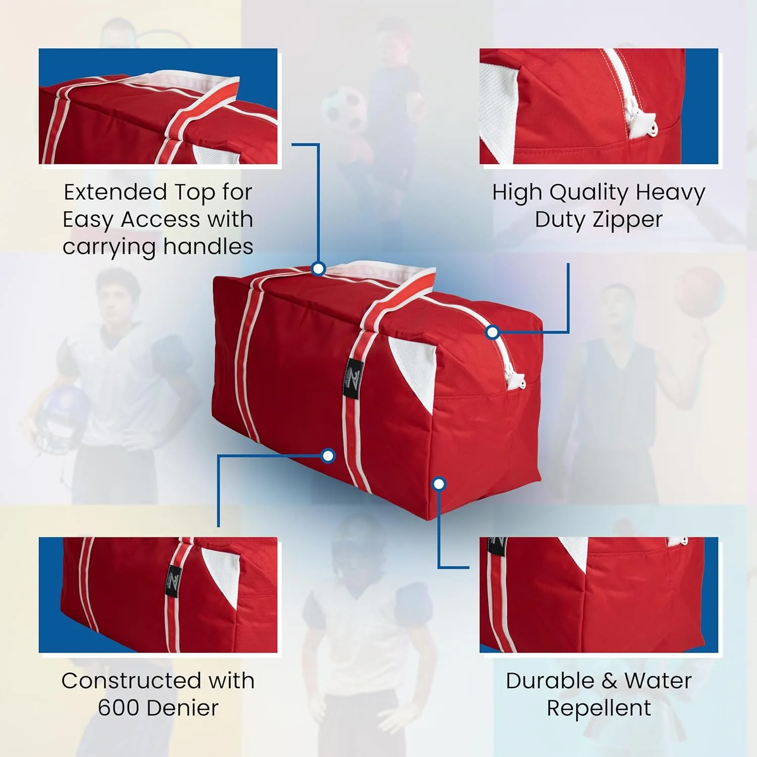 Z2 Sports Bag for Hockey, Football, Soccer, Baseball, Softball, Basketball, for Men and Women, Premium Nylon, Water Resistant, 33”L x 16”H x 16”W, Red